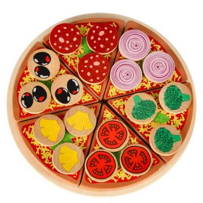 Pizza wooden play set velcro accessories spatula knife plate learning to cut 20cm