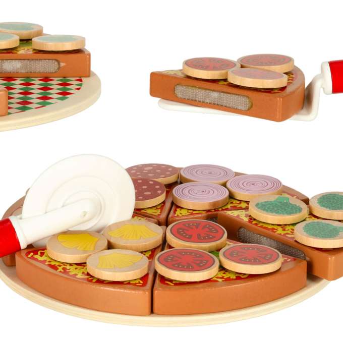 Pizza wooden play set velcro accessories spatula knife plate learning to cut 20cm