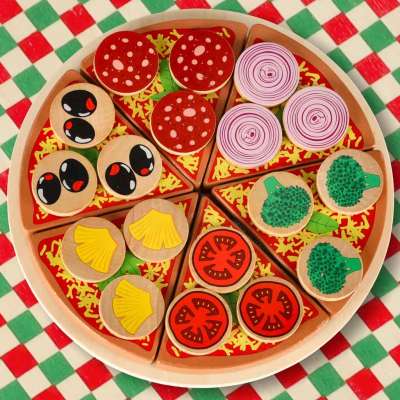 Pizza wooden play set velcro accessories spatula knife plate learning to cut 20cm