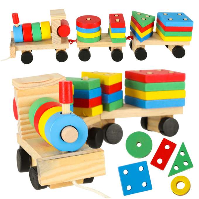 Kolejka pociąg lokomotywa klocki drewniane sorter układanka zręcznościowa 30cm