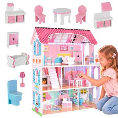 Domek dla lalek drewniany MDF mebelki 70cm różowy LED
