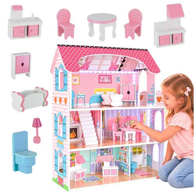 Domek dla lalek drewniany MDF mebelki 70cm różowy LED