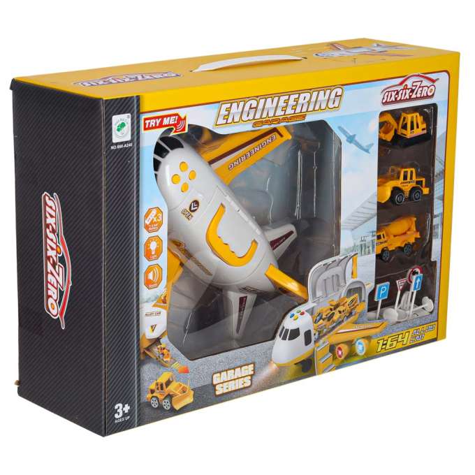 Folding plane transporter with cars + 3 construction vehicles lights sound