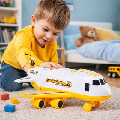 Interactive airplane fold-out construction vehicle parking set with 3 cars sound and lights