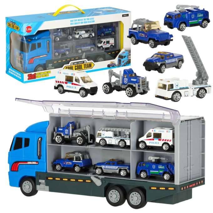 Transporter ciężarówka TIR wyrzutnia + metalowe auta policja
