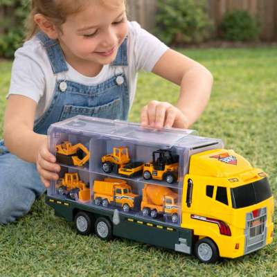 Transporter truck TIR launcher + metal cars construction machinery