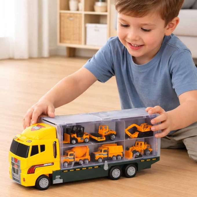 Transporter truck TIR launcher + metal cars construction machinery
