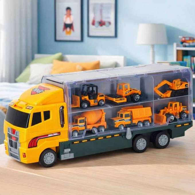 Transporter truck TIR launcher + metal cars construction machinery