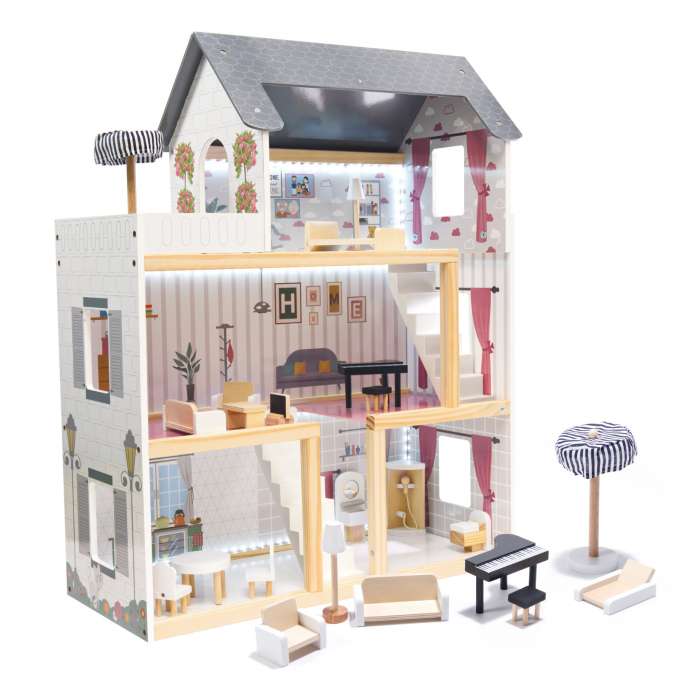 Domek dla lalek MDF  drewniany z akcesoriami LED 62x27x70cm