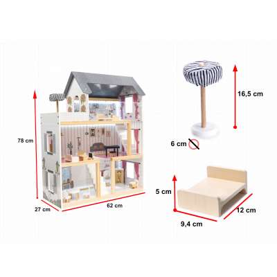 Domek dla lalek MDF drewniany z akcesoriami LED 78cm czarny