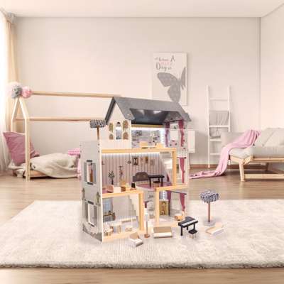 Domek dla lalek drewniany MDF mebelki 78cm czarny LED