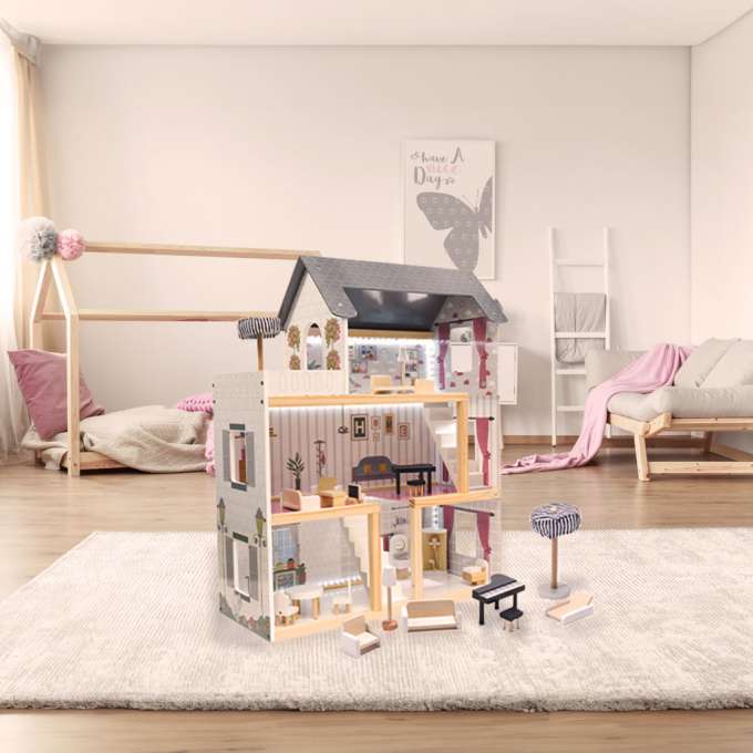 Domek dla lalek drewniany MDF mebelki 78cm czarny LED