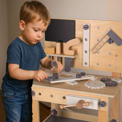 Wooden table tool work bench for children with tools DIY set handyman