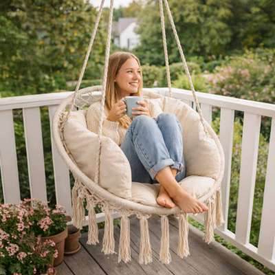 LUARO swing chair stork's nest with ecru cushion 80 cm 150 kg