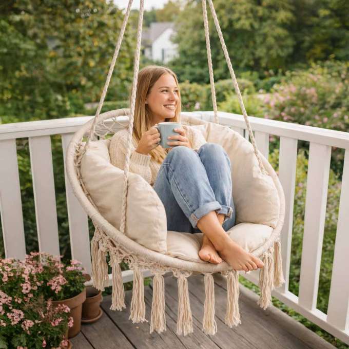 LUARO swing chair stork's nest with ecru cushion 80 cm 150 kg