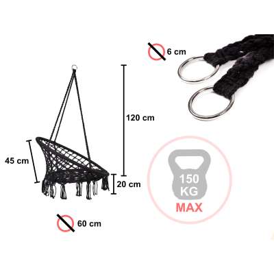 Huśtawka fotel bocianie gniazdo z oparciem czarna 80cm + poduszki 120kg