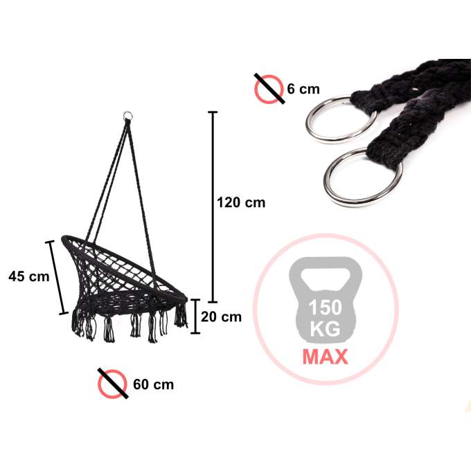 Stork's nest chair swing with backrest black 80cm + cushions