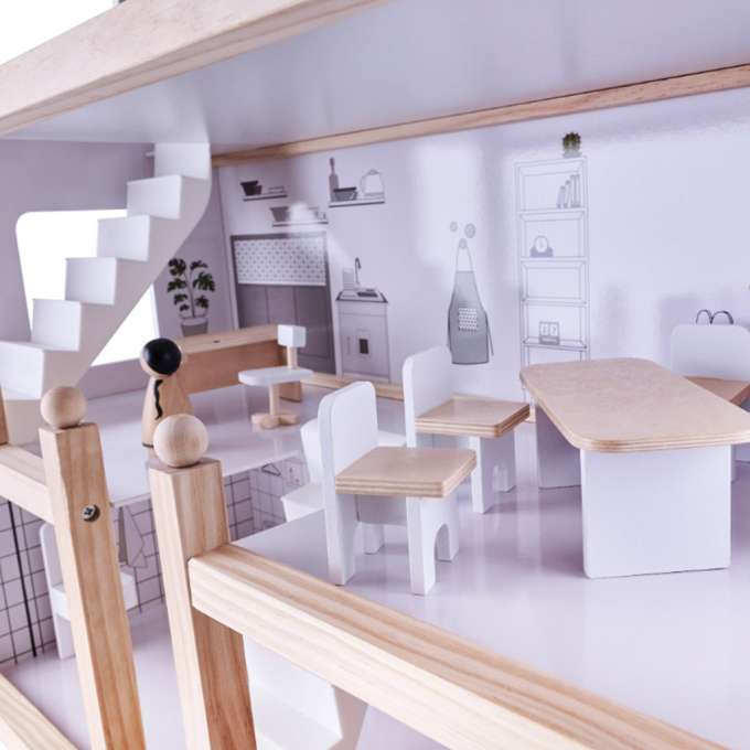 Wooden doll house + furniture 80cm white grey