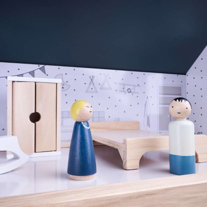 Wooden doll house + furniture 80cm white grey