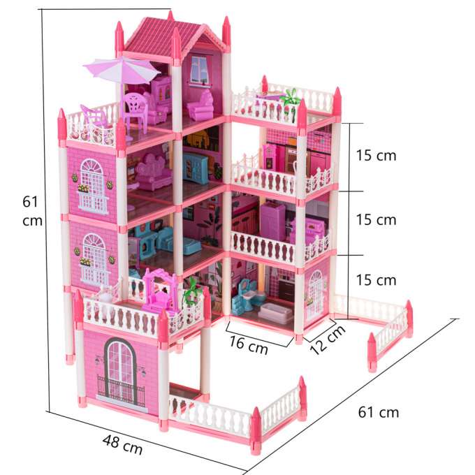 Doll house villa pink DIY 4 levels furniture