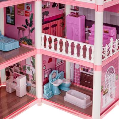 Domek dla lalek willa różowa DIY 4 poziomy mebelki