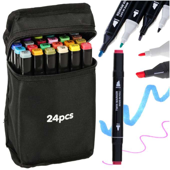 Double-sided alcohol markers in case 24 + base