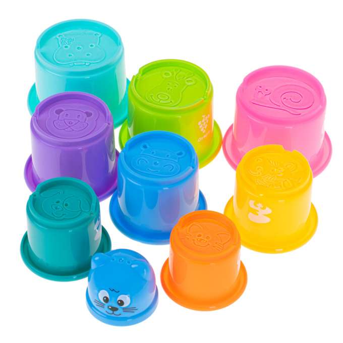 Educational cups tower pyramid numbers and fruits