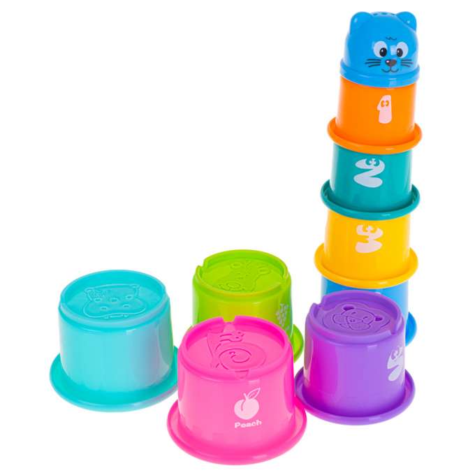 Educational cups tower pyramid numbers and fruits