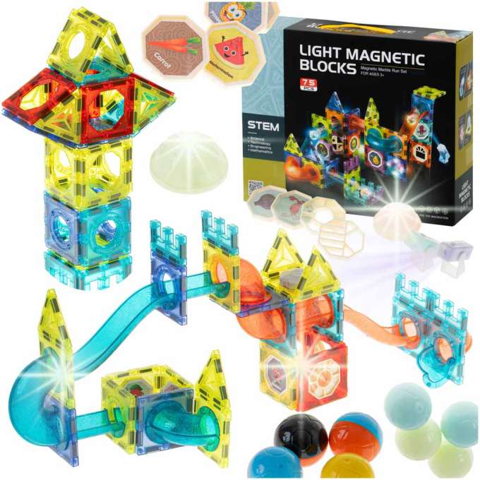 Klocki magnetyczne marble tor kulkowy świecący 75 elementów