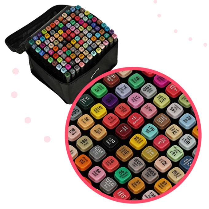 Double-sided alcohol markers in case 120 + stand