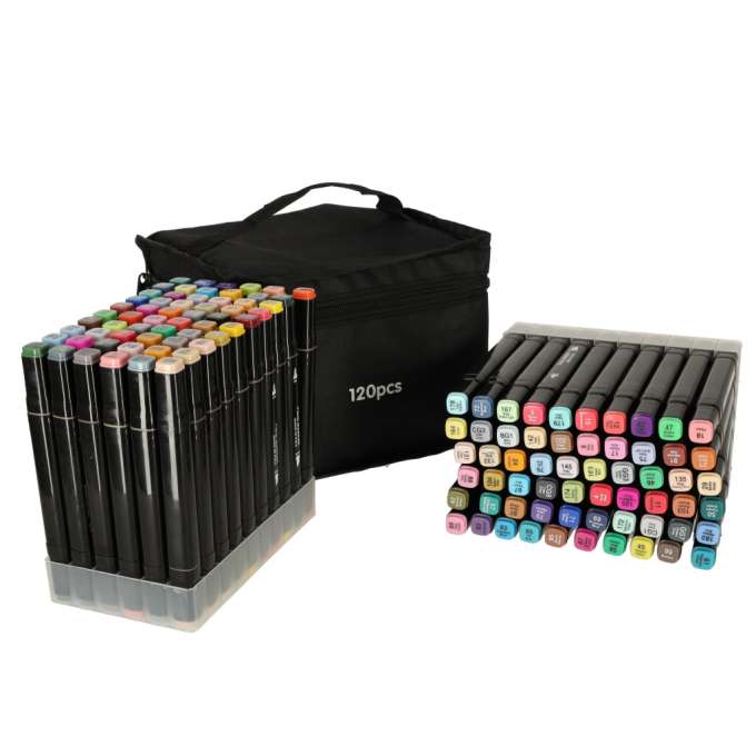Double-sided alcohol markers in case 120 + stand
