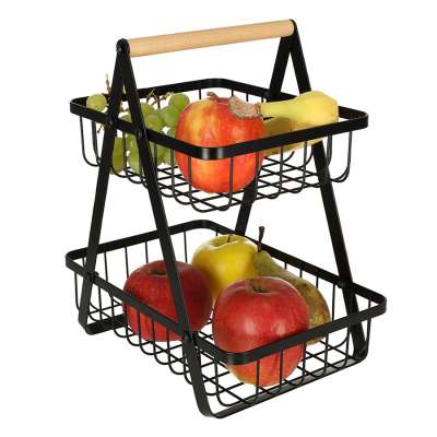 Fruit basket two-tier piled metal wood
