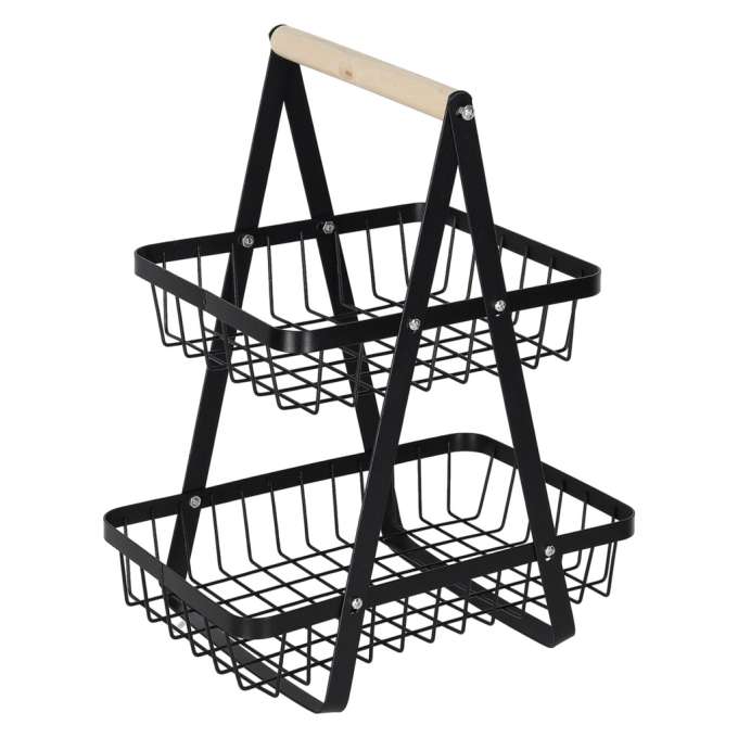 Fruit basket two-tier piled metal wood