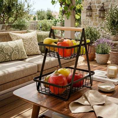 Fruit basket two-tier piled metal wood