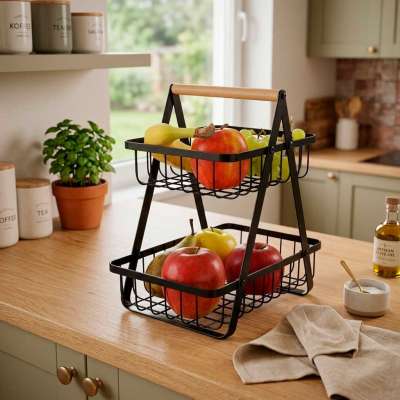Fruit basket two-tier piled metal wood