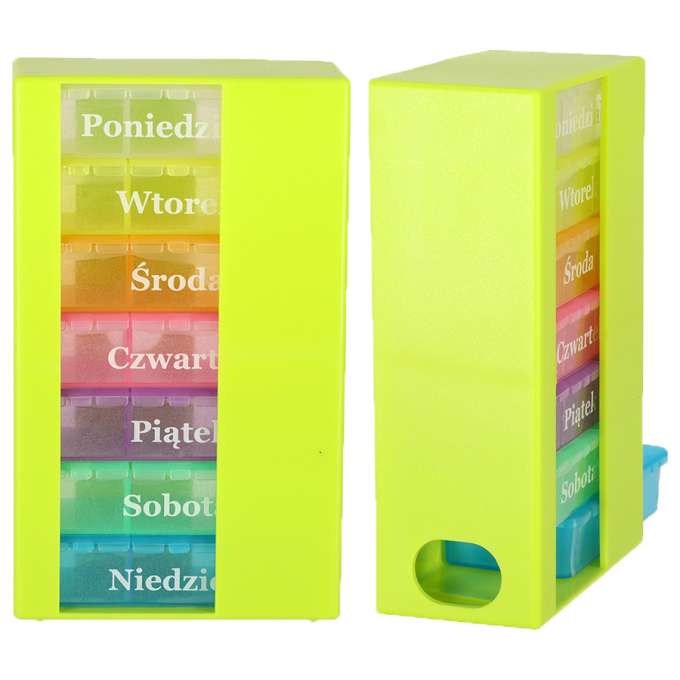 Weekly pill organizer container standing