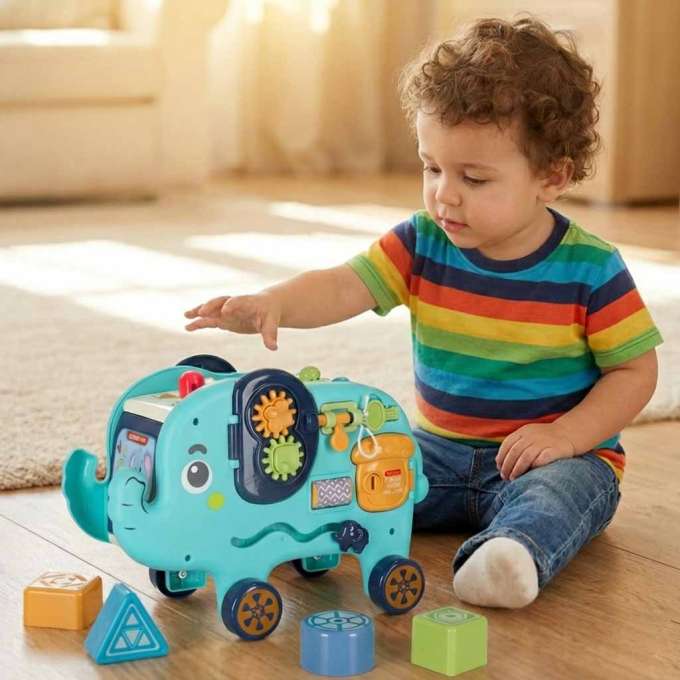 Słonik tablica manipulacyjna montessori wbijak sorter klocki młotek 26cm
