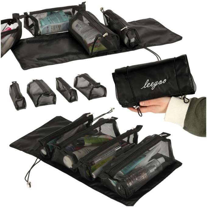 Folding travel cosmetic bag removable retractable 4-in-1 large capacity portable black