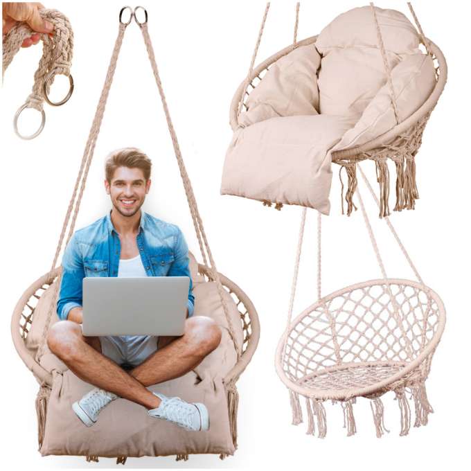 Hanging chair swing seat with cushion XXL ecru 150kg