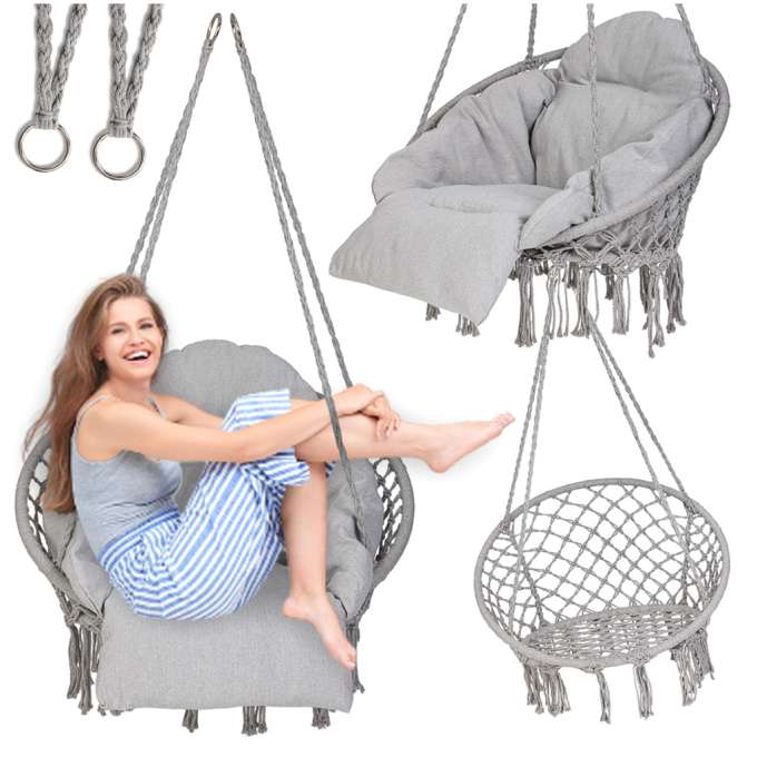 Hanging chair swing seat with cushion XXL grey 150kg