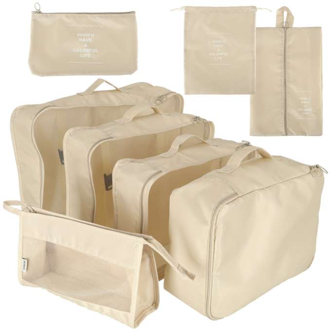 Suitcase organizers travel set 8 pieces clothes storage accessories waterproof bags makeup bag shoe bag beige