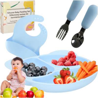 Baby silicone utensils infant table set 4 items teddy bear blue