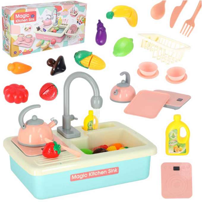 Children's dishwashing sink with accessories flies water blue