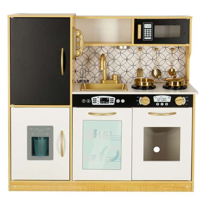 Children's wooden kitchen with fridge gold