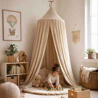 Hanging canopy bed baldachin curtain tipi tent beige