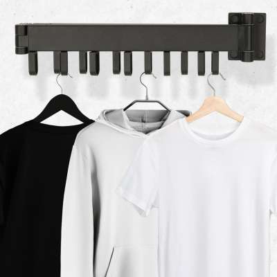 Laundry drying rack wall mounted folding telescopic black 12 hooks 90cm