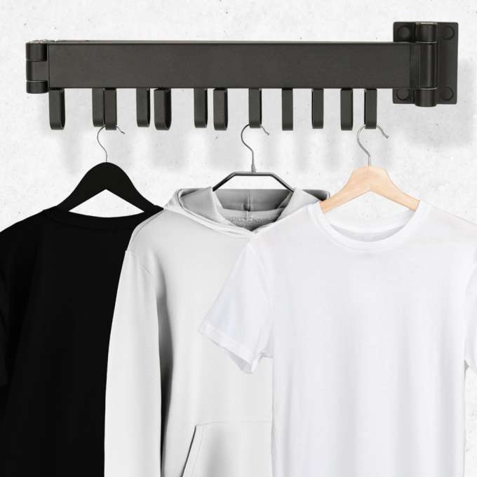 Laundry drying rack wall mounted folding telescopic black 12 hooks 90cm