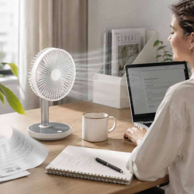 Mobile desk fan wireless USB with rechargeable battery adjustable 4 power levels LED 38cm white