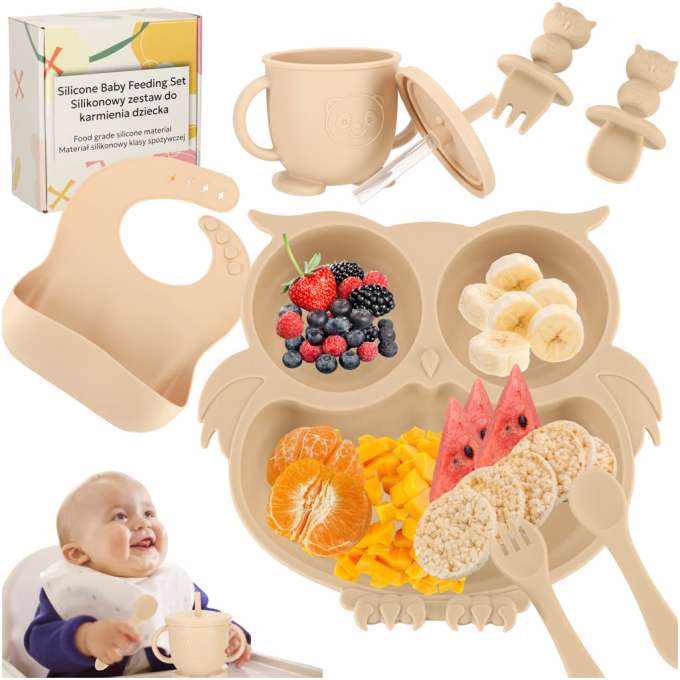 Silicone dishes for kids owl set of 8 elements beige