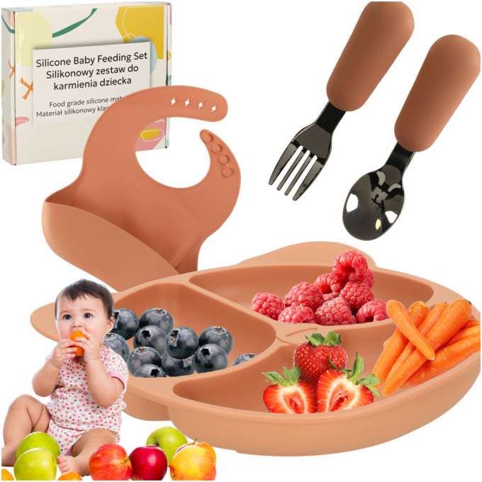 Silicone utensils for babies table set of 4 pieces teddy bear orange